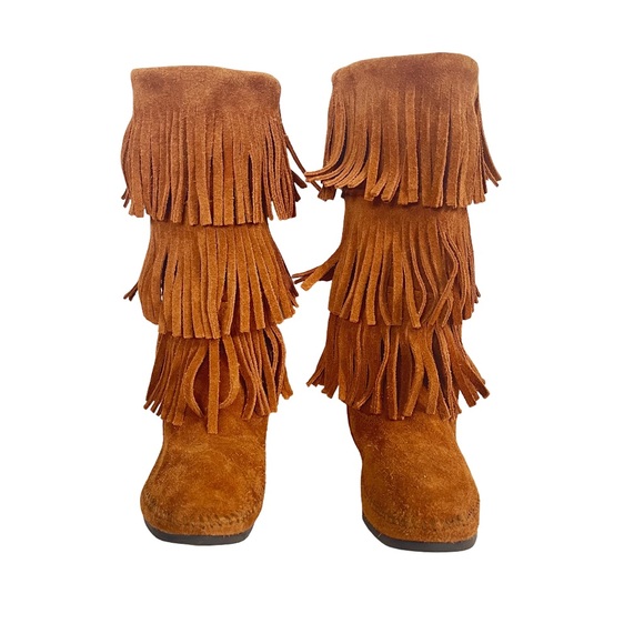 Minnetonka Fringe Suede Boots Moccasin Tall 3 Layer Festival Brown Women’s 8 - Picture 2 of 7